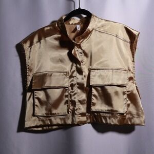 Glam Gold Satin Cropped Cargo Vest Button Up Utility Top Disco Space Core Large